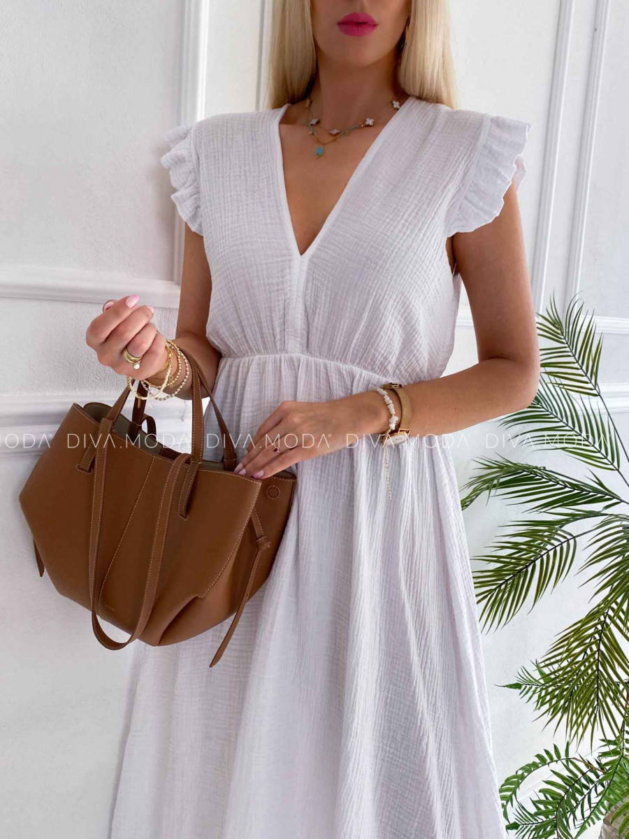 Midi mušelínové šaty s volánikmi na ramenách Zoe biele K 337 