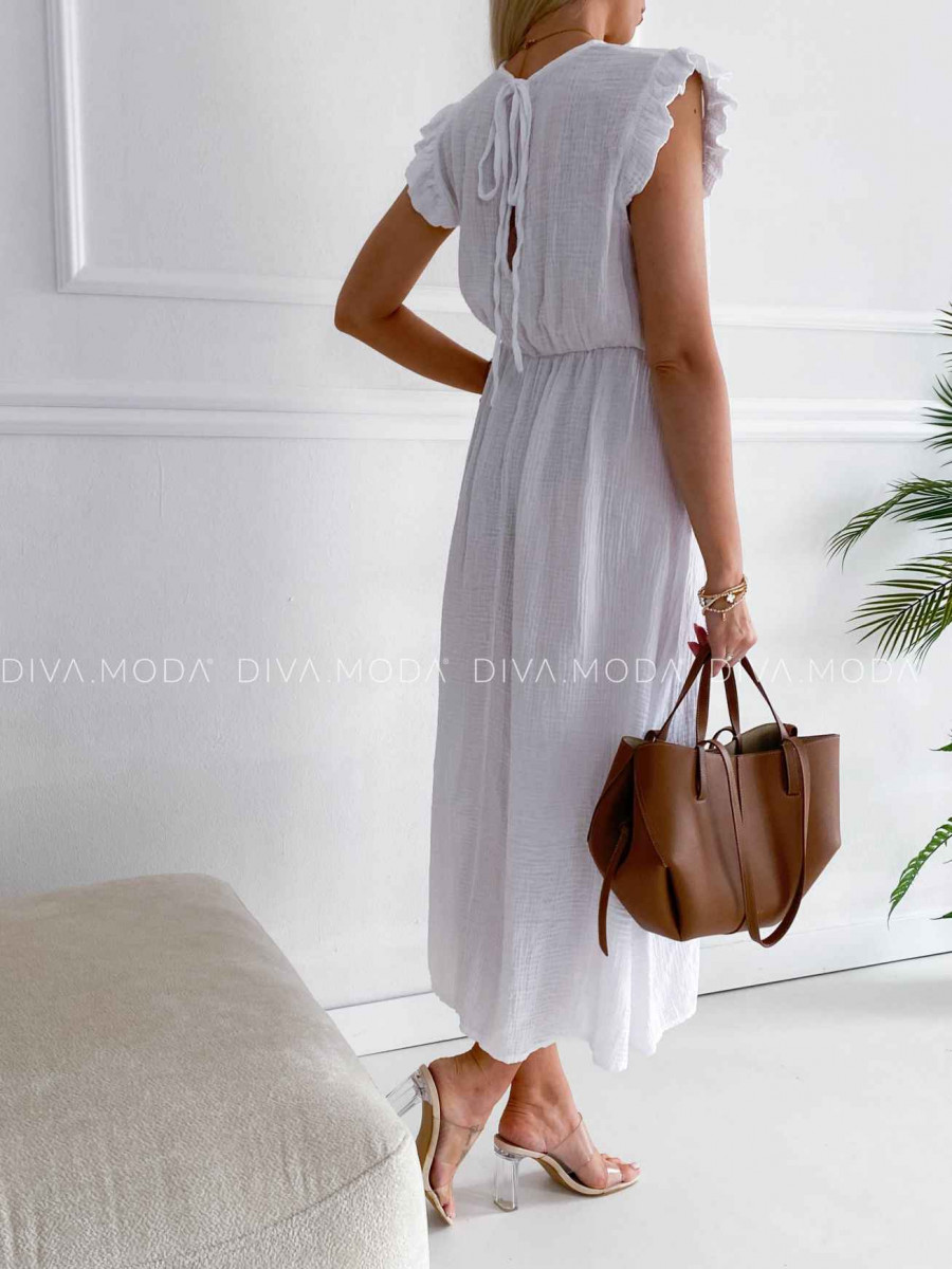 Midi mušelínové šaty s volánikmi na ramenách Zoe biele K 337 