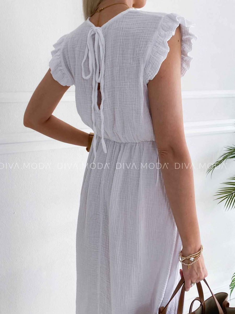 Midi mušelínové šaty s volánikmi na ramenách Zoe biele K 337 