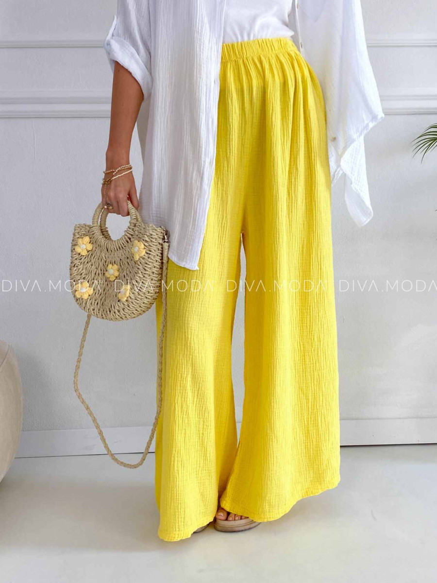 Mušelínové bavlnené nohavice wide leg žlté K 336