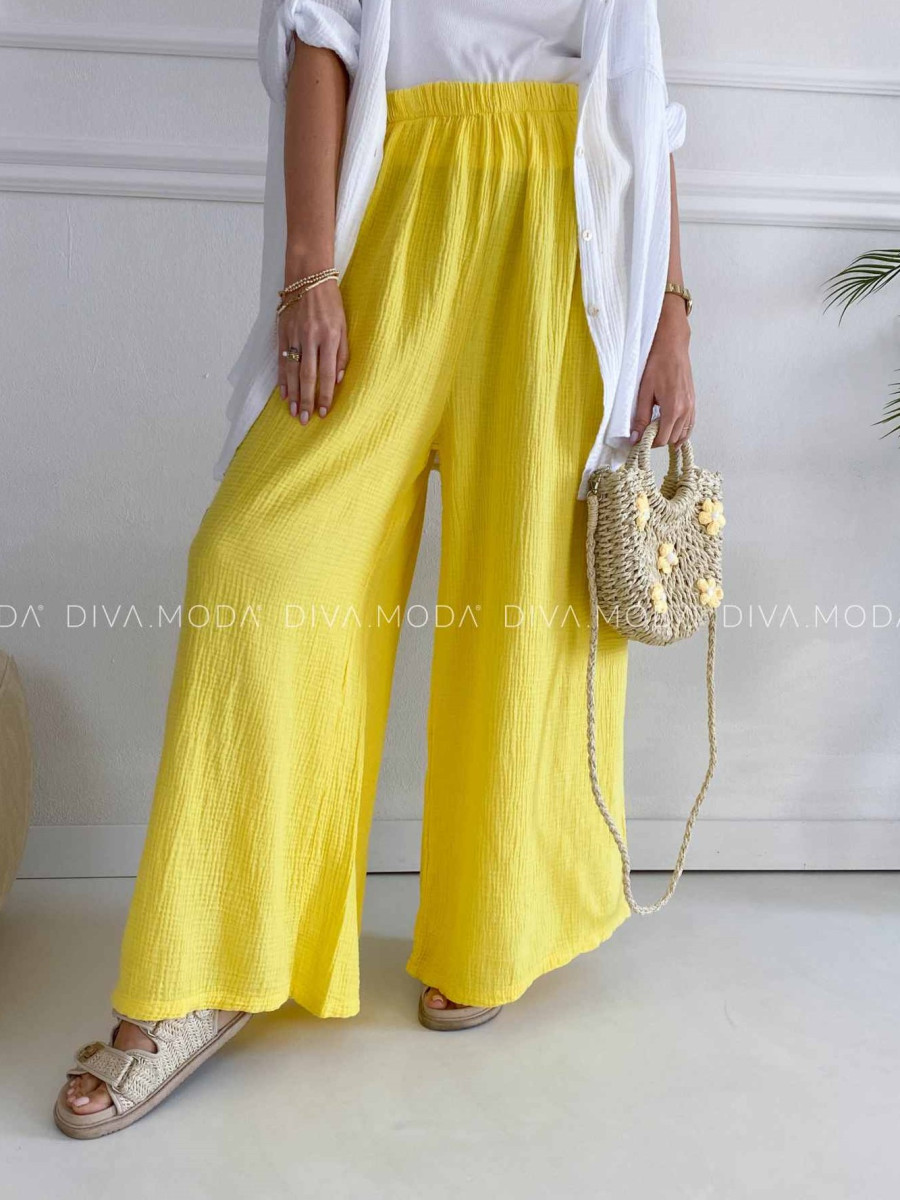 Mušelínové bavlnené nohavice wide leg žlté K 336