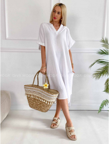 Oversize midi mušelínové šaty s kapucňou biele K 331