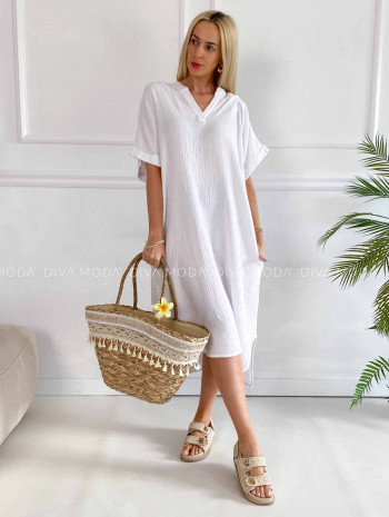 Oversize midi mušelínové šaty s kapucňou biele K 331