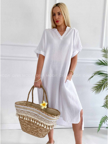 Oversize midi mušelínové šaty s kapucňou biele K 331