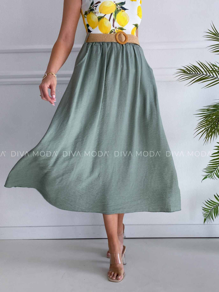 A- čková midi sukňa s opaskom khaki zelená K 338