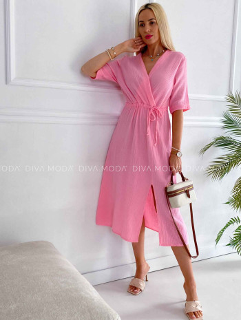 Mušelínové midi šaty s viazaním na boku ružové K 340