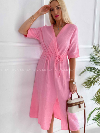 Mušelínové midi šaty s viazaním na boku ružové K 340