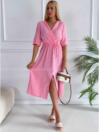 Mušelínové midi šaty s viazaním na boku ružové K 340