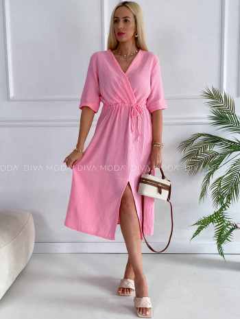 Mušelínové midi šaty s viazaním na boku ružové K 340