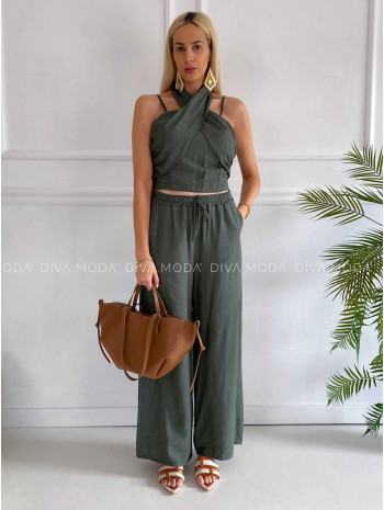Komplet krížený top + nohavice khaki K 356