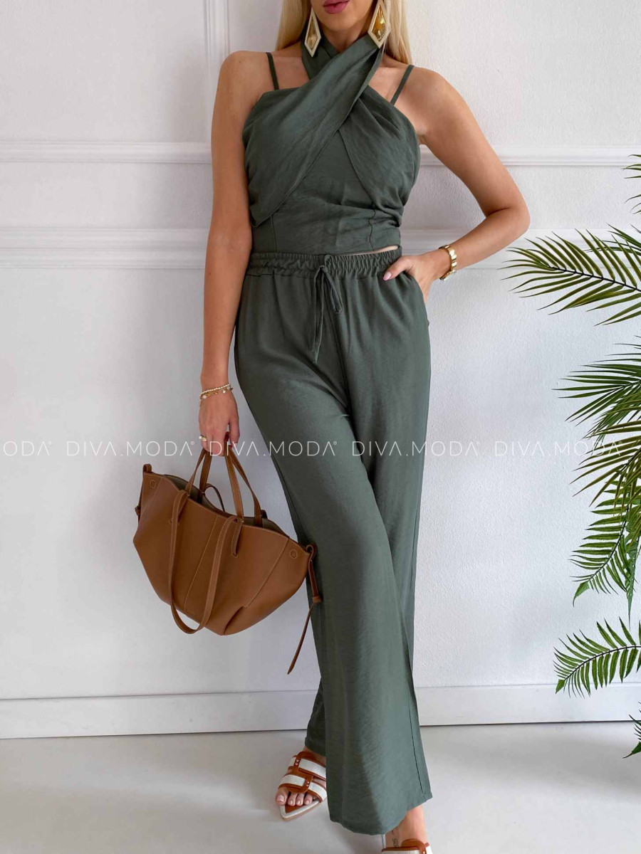 Komplet krížený top + nohavice khaki K 356