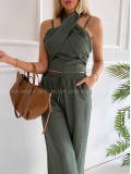 Komplet krížený top + nohavice khaki K 356