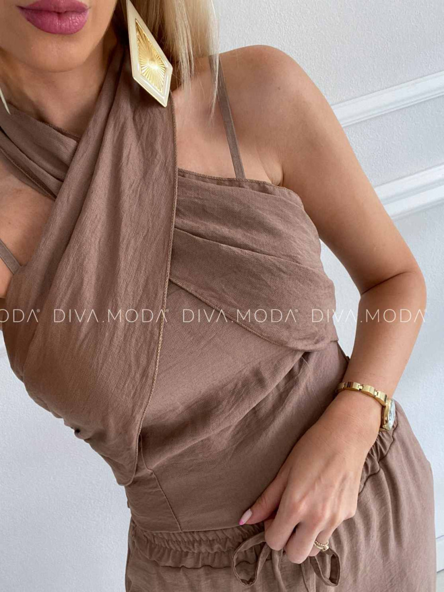 Komplet krížený top + nohavice hnedý mokka K 356
