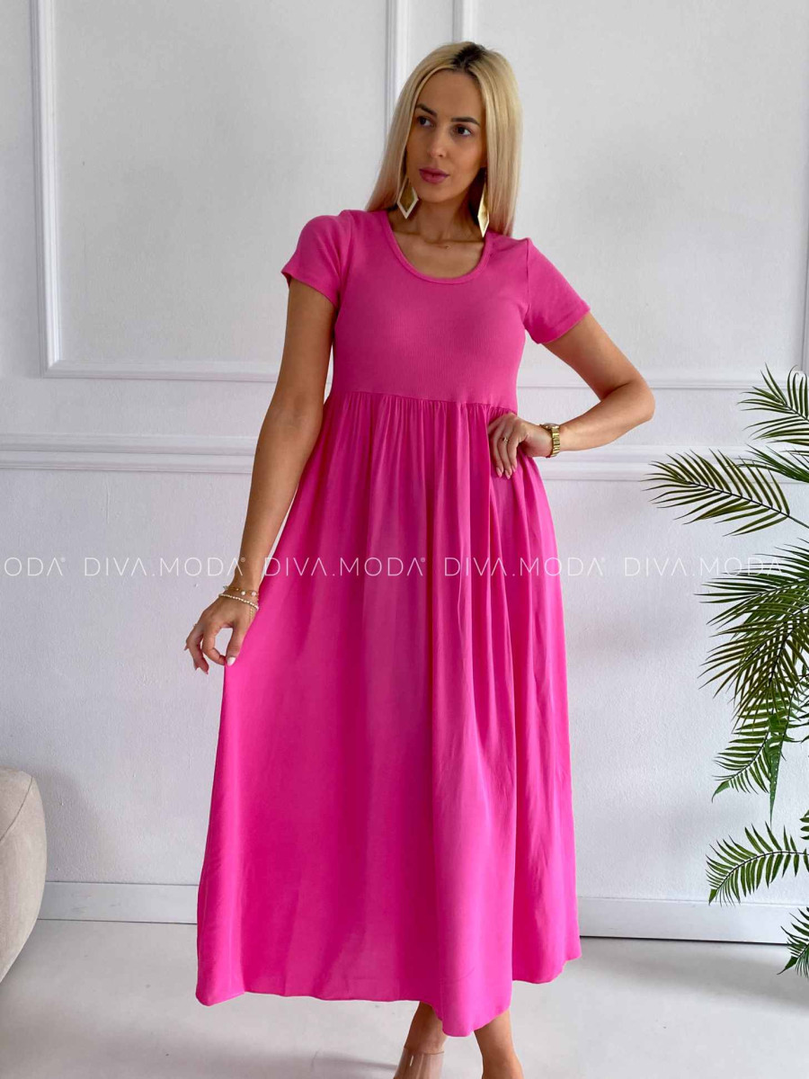 Ľahké maxi šaty s tričkovým vrchom fuchsia K 322