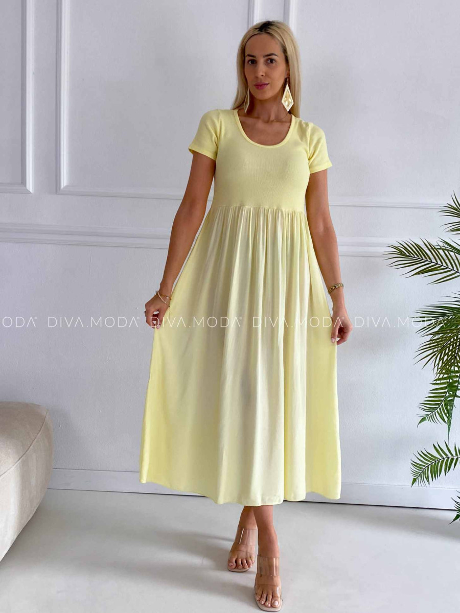 Ľahké maxi šaty s tričkovým vrchom butter yellow K 322