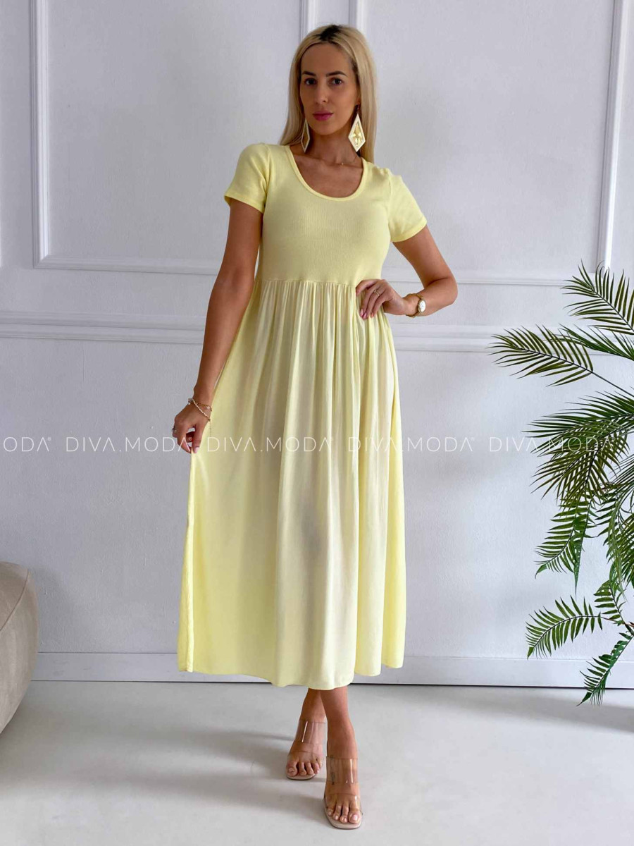 Ľahké maxi šaty s tričkovým vrchom butter yellow K 322