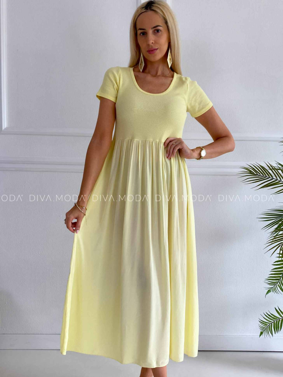 Ľahké maxi šaty s tričkovým vrchom butter yellow K 322