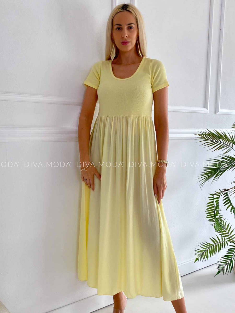 Ľahké maxi šaty s tričkovým vrchom butter yellow K 322