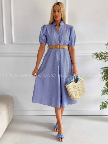 Pruhované maxi šaty s opaskom modré K 355