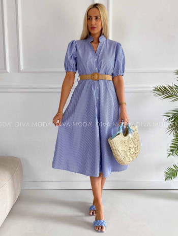 Pruhované maxi šaty s opaskom modré K 355