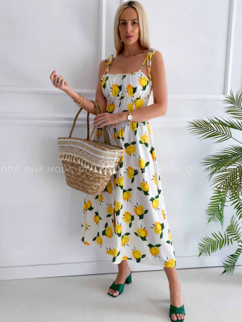 Maxi šaty s ramienkami na viazanie citrónové K 351