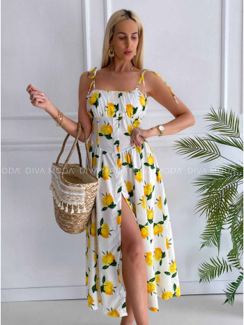 Maxi šaty s ramienkami na viazanie citrónové K 351