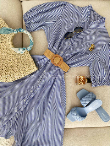 Pruhované maxi šaty s opaskom modré K 355