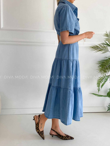 Riflové maxi šaty s opaskom modré M 440