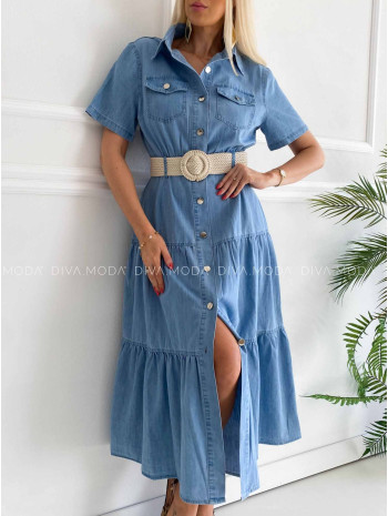Riflové maxi šaty s opaskom modré M 440