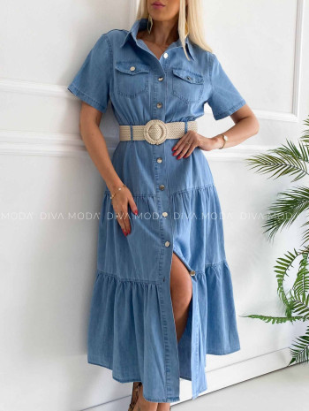 Riflové maxi šaty s opaskom modré M 440