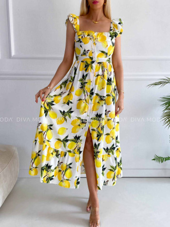 Ľahké citrónové maxi šaty s volánikmi K 363