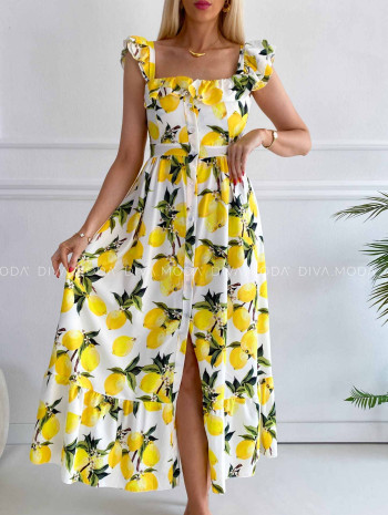 Ľahké citrónové maxi šaty s volánikmi K 363