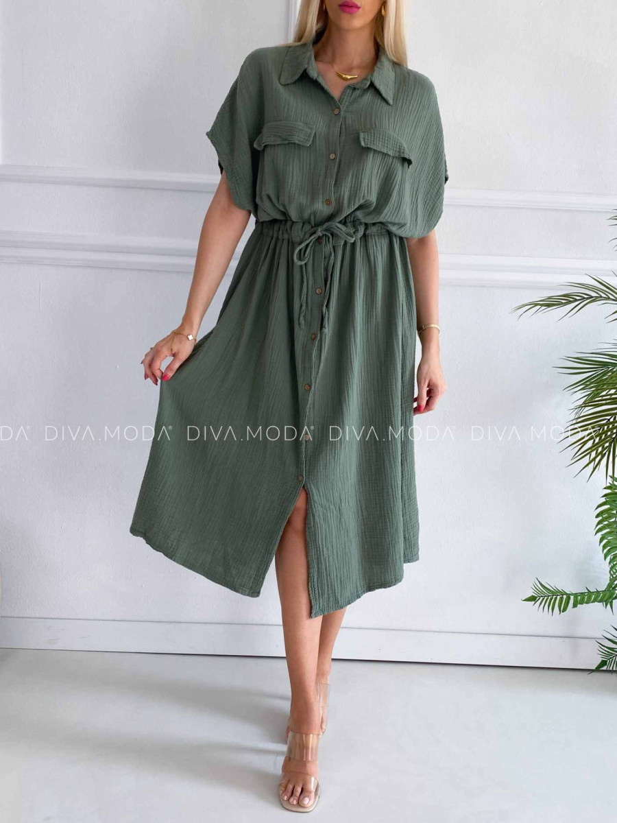 Midi mušelínové košeľové šaty Gabbi khaki K 339