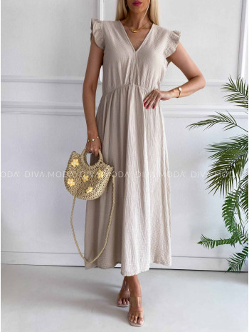 Midi mušelínové šaty s volánikmi na ramenách Zoe béžové K 337 