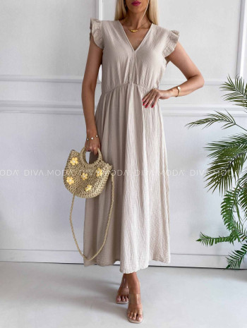 Midi mušelínové šaty s volánikmi na ramenách Zoe béžové K 337 
