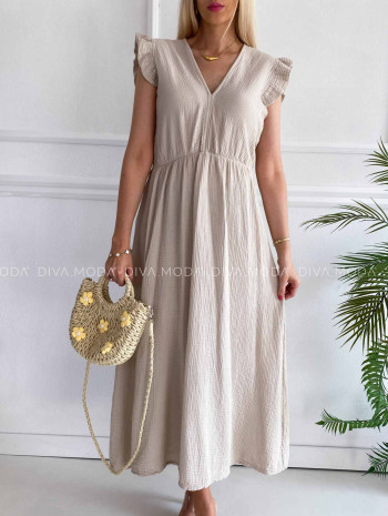 Midi mušelínové šaty s volánikmi na ramenách Zoe béžové K 337 