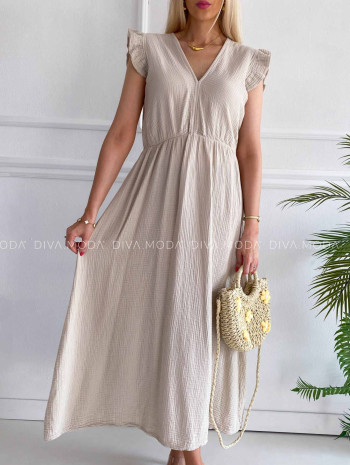 Midi mušelínové šaty s volánikmi na ramenách Zoe béžové K 337 