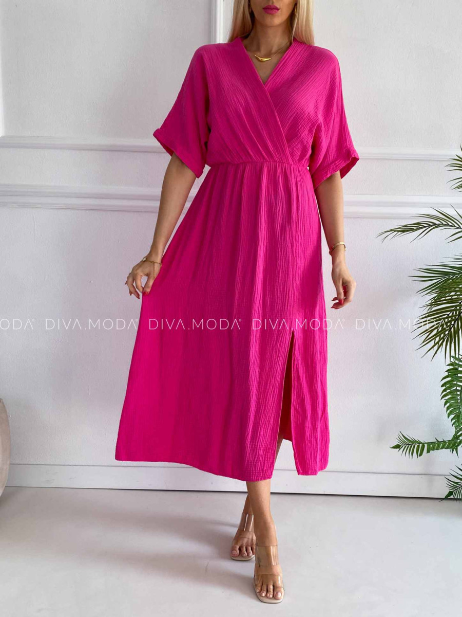 Mušelínové midi šaty s V -výstrihom na dekolte Any fuchsia K 333
