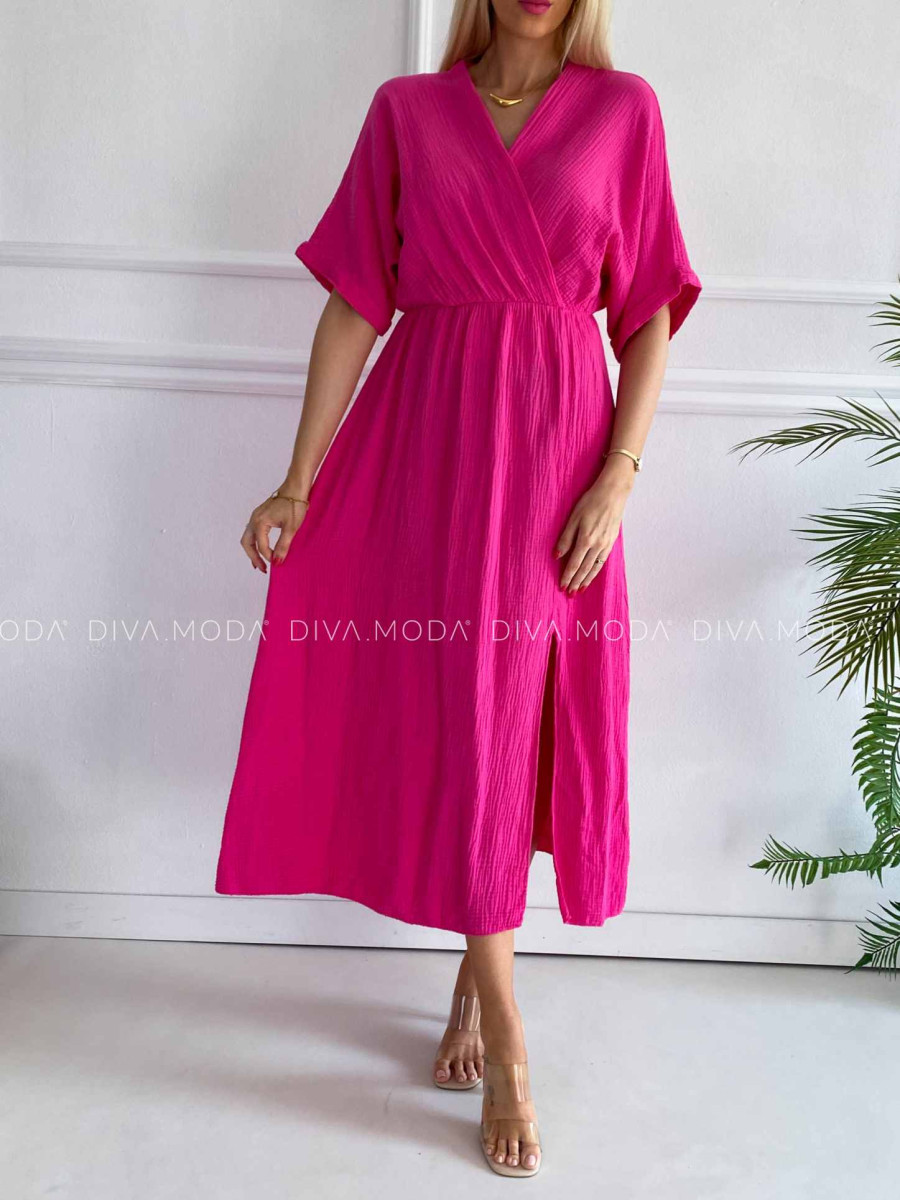 Mušelínové midi šaty s V -výstrihom na dekolte Any fuchsia K 333