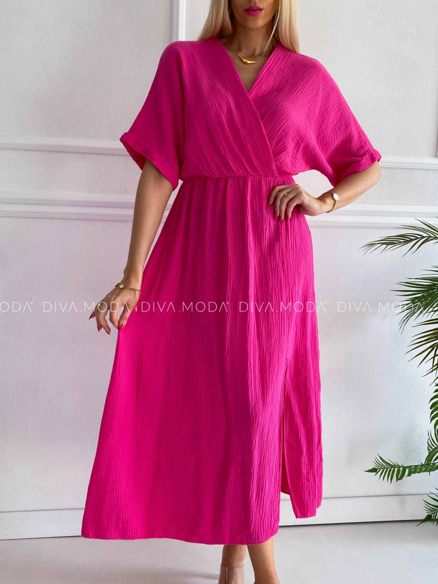Mušelínové midi šaty s V -výstrihom na dekolte Any fuchsia K 333