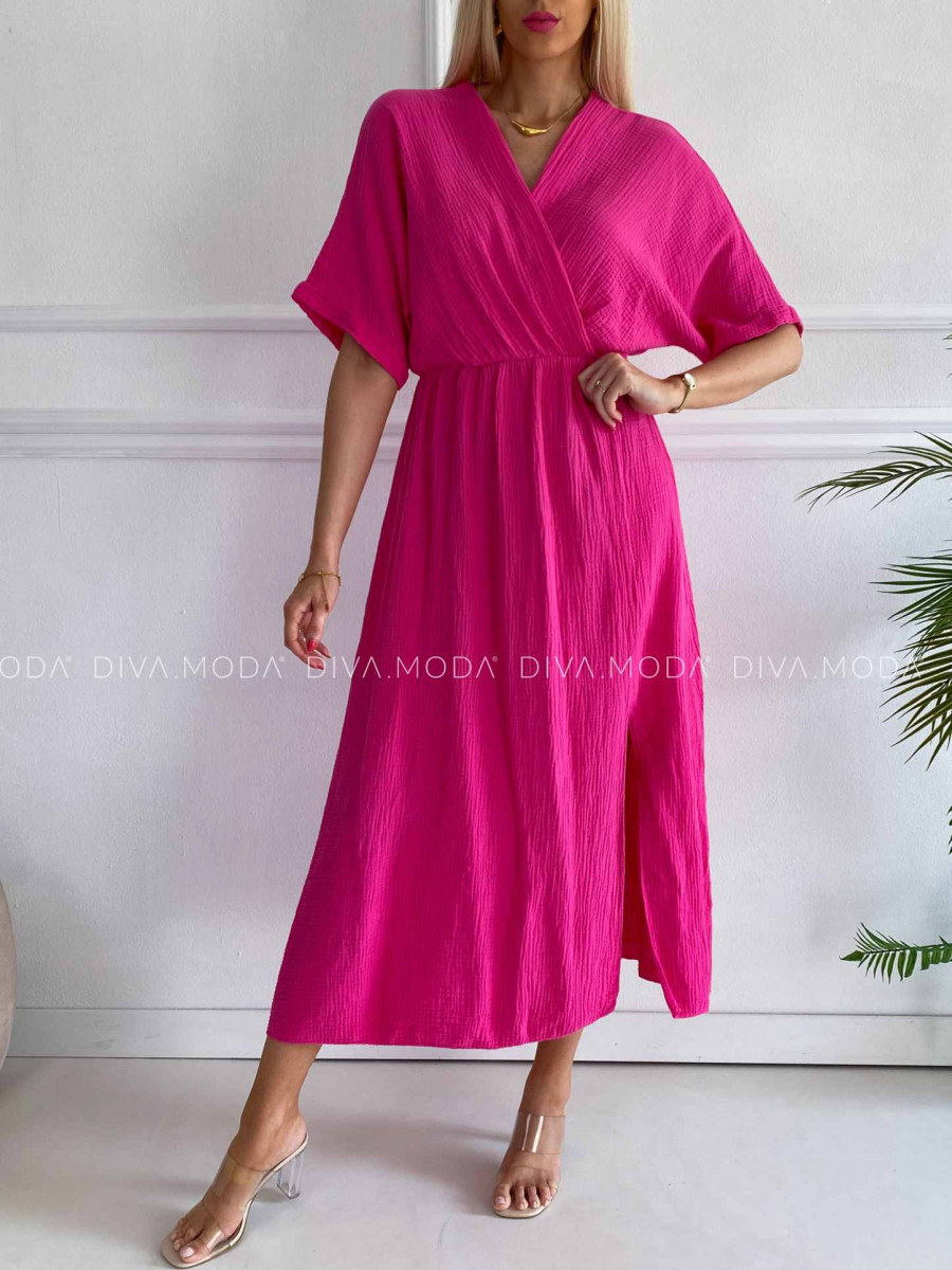 Mušelínové midi šaty s V -výstrihom na dekolte Any fuchsia K 333