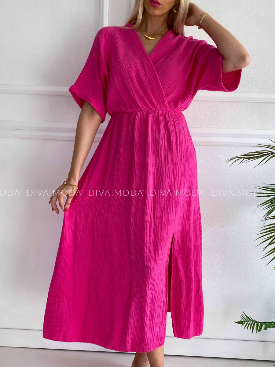 Mušelínové midi šaty s V -výstrihom na dekolte Any fuchsia K 333