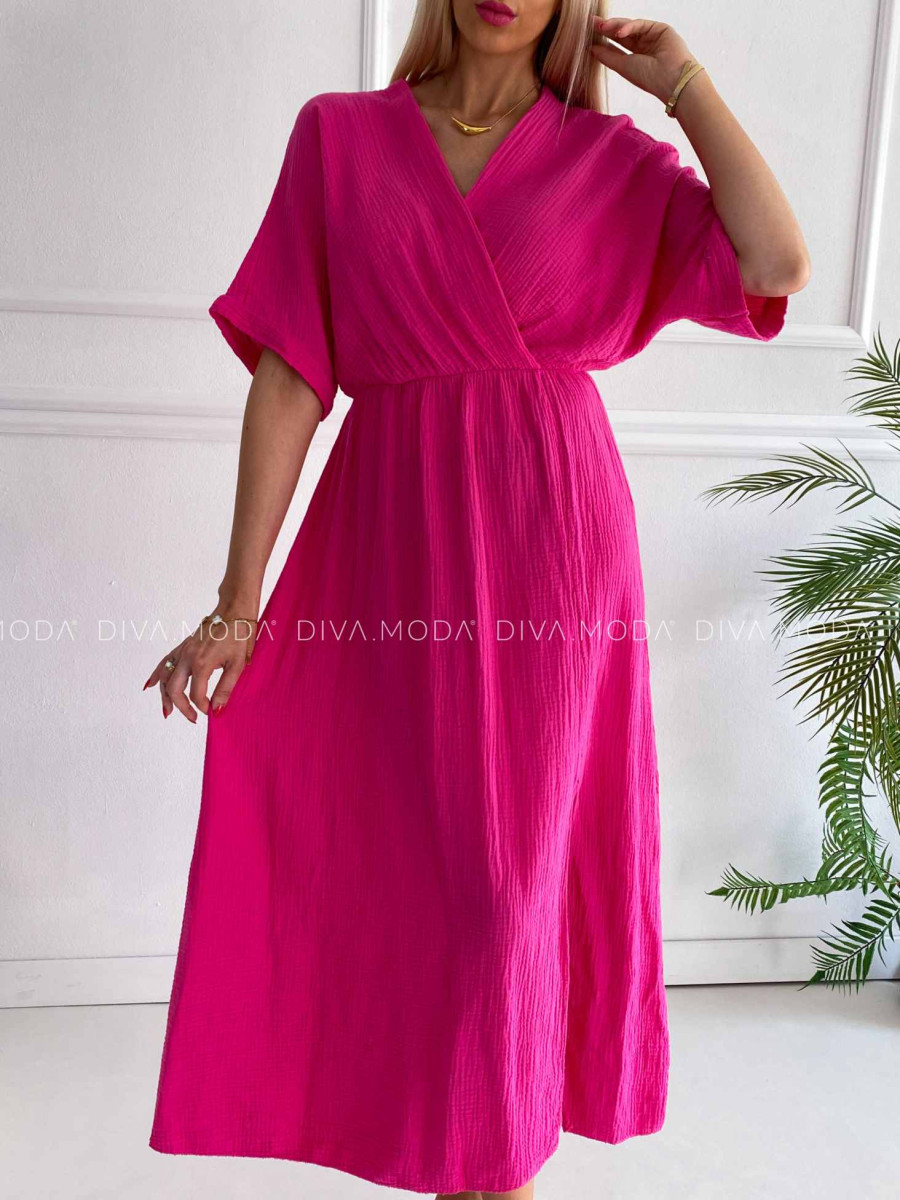Mušelínové midi šaty s V -výstrihom na dekolte Any fuchsia K 333