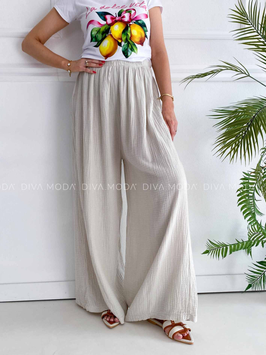 Mušelínové bavlnené nohavice wide leg béžové K 336