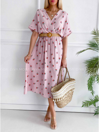 Mušelínové šaty s čerešňami a opaskom ružové V 4