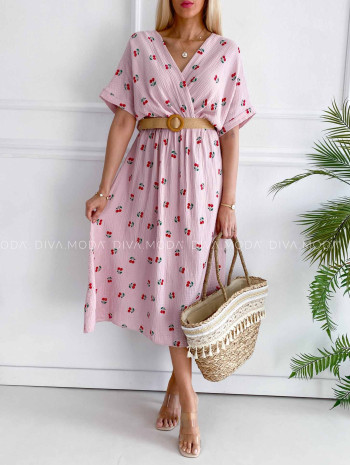 Mušelínové šaty s čerešňami a opaskom ružové V 4