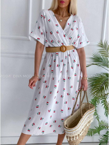 Mušelínové šaty s čerešňami a opaskom biele V 4
