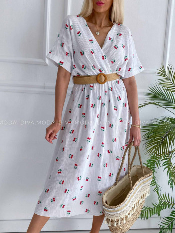 Mušelínové šaty s čerešňami a opaskom biele V 4