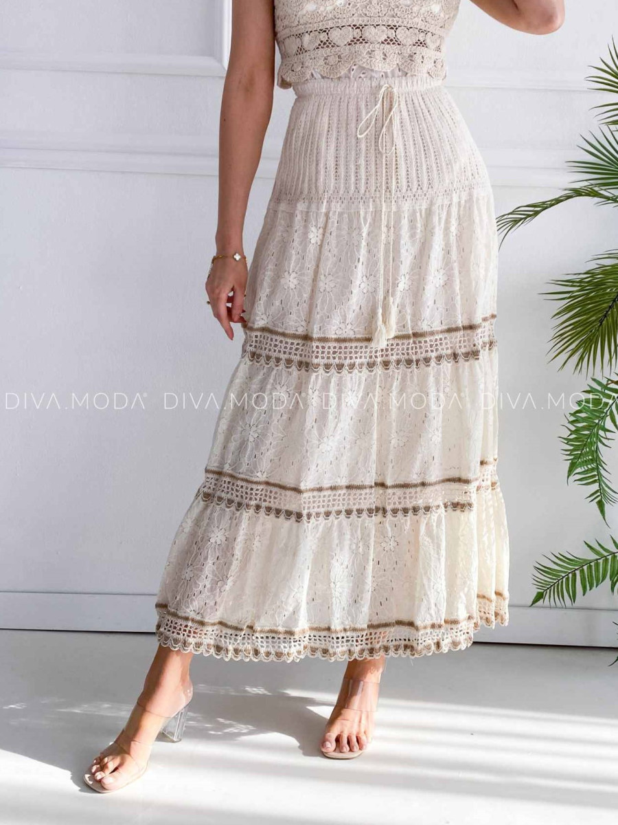Maxi dietovaná sukňa s krajkou vanilková M 173