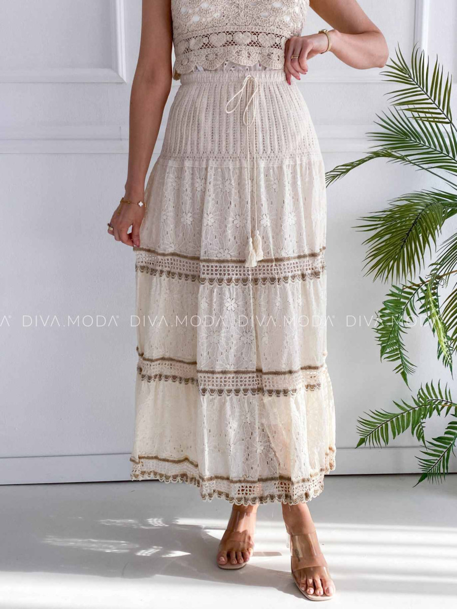 Maxi dietovaná sukňa s krajkou vanilková M 173